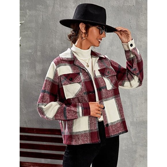 Red Plaid Print Button‎ Down Cropped Flannel Cropped Bomber Jacket Shacket - Picture 2 of 5